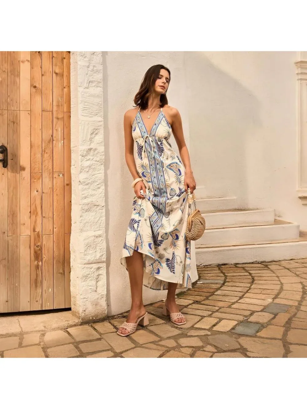 Women's Nude Woven Summer Square Open Toe Mules Chunky Stylish Heeled Sandals